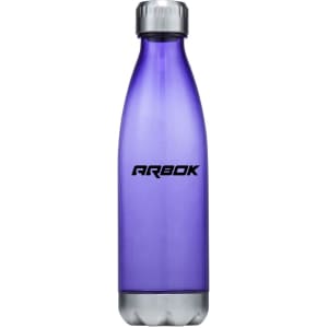 A drink bottle made of purple plastic, featuring a silver base and a logo.