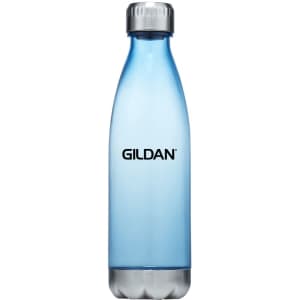 A drink bottle in blue plastic with a silver lid and a logo on the front. Suitable for holding 700ml of liquid.