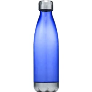 A drink bottle made of plastic, featuring a sleek design in a vibrant blue colour with a silver cap and branding.