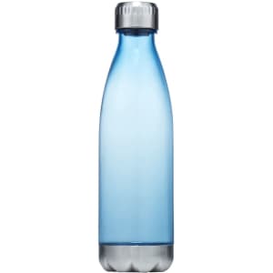 A drink bottle in a translucent blue colour with a silver stainless steel lid and a logo on its side.