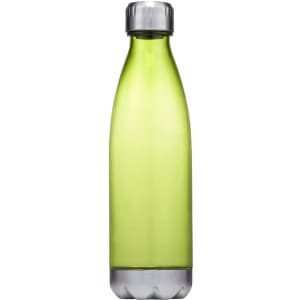 A drink bottle in bright green plastic with a silver base and a silver screw cap. It features a logo.