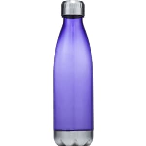 A drink bottle in purple transparent plastic with a silver cap, featuring a logo on the front.