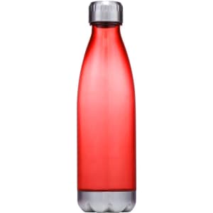 A drink bottle with a sleek design in bright red, featuring a silver cap and base. The bottle has a logo.
