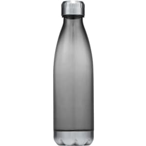 A drink bottle featuring a sleek, grey design with a silver cap and a logo.
