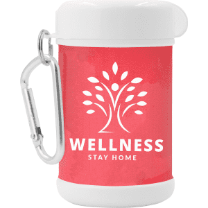 A pink antibacterial wipes canister featuring a white logo and a silver carabiner for easy attachment.
