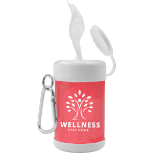 A pink antibacterial wipes canister with a white lid and a logo, featuring a convenient carrying clip.