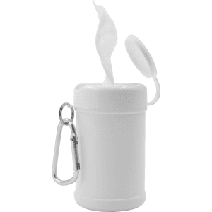 A white antibacterial wipes canister with a flip-top lid and a carabiner attachment.