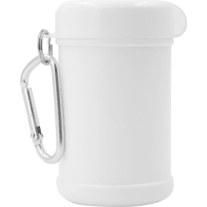 A white canister with a silver carabiner, designed for antibacterial wipes. Features a smooth, rounded design.