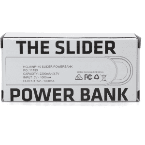 A power bank packaging in white with accents, featuring a logo and product details, designed for mobile devices.