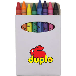 A box containing a set of eight vibrant crayons in various colours, with a logo on the packaging.