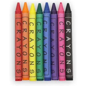A set of eight vibrant crayon sticks in various colours, including red, orange, yellow, green, blue, purple, pink, and black.