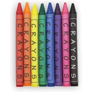 A set of eight squiggle crayons in red, orange, yellow, green, blue, purple, black, and pink, arranged in a row.
