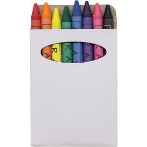 A set of colourful crayon sticks arranged in a white holder, featuring shades of orange, yellow, green, blue, purple, and red.