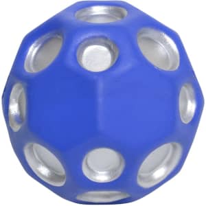 A blue and silver high bounce ball with multiple holes and a textured surface. It has a branding logo.