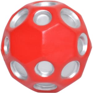 A red and silver high bounce ball with multiple holes, designed for fun and games. It has a logo on the surface.