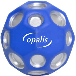 A blue high bounce ball with silver accents and holes, featuring a logo.