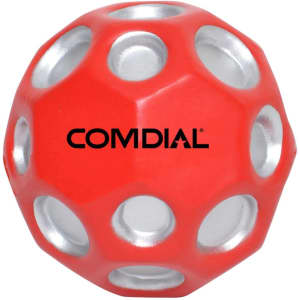 A red high bounce ball with silver accents and holes, featuring a logo.