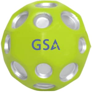 A bright green high bounce ball with silver holes and a logo printed on the surface.