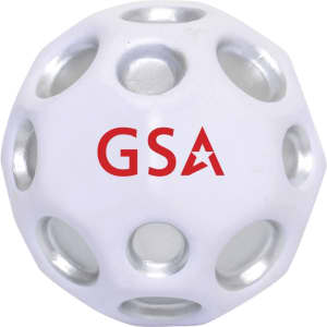 A high bounce ball in white with silver accents and a logo featuring red text.