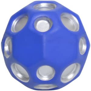 A blue and silver high bounce ball with multiple holes, designed for fun and entertainment.