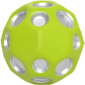 A high bounce ball in bright green with silver cut-out holes, featuring a smooth texture.