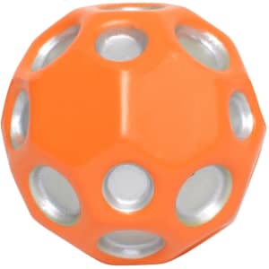 An orange high bounce ball with silver accents and hollow hexagonal openings. It has a smooth surface.