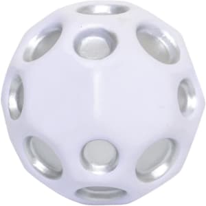 A high bounce ball in white with silver accents and multiple holes, designed for fun and stress relief.