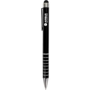 A black Malibu stylus pen with silver accents, featuring a logo on its body.