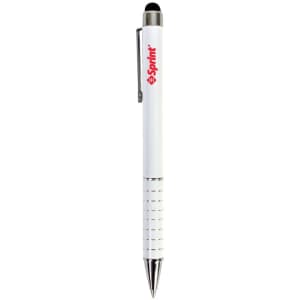 A white stylus pen with a shiny silver clip and tip, featuring a logo on its body.