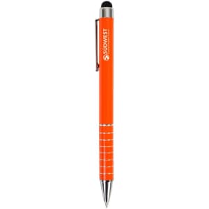 An orange stylus pen with a silver clip and grip, featuring a logo on the body.