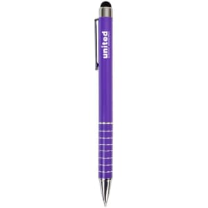 A purple stylus pen with a silver clip and accents, featuring a logo on the barrel.