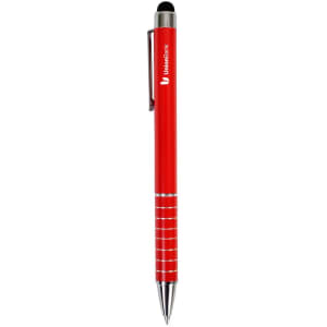 A red stylus pen with a chrome clip and accents, featuring a logo on its barrel.