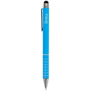 A blue stylus pen with a shiny silver clip and tip, featuring a logo on the barrel.