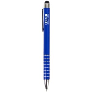 A blue stylus pen with a silver grip and a branding logo on the barrel.