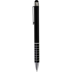 A black stylus pen with a chrome clip and detailing, featuring a stylus tip at one end.
