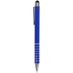 A blue stylus pen with a chrome accent and a branding logo on the body.