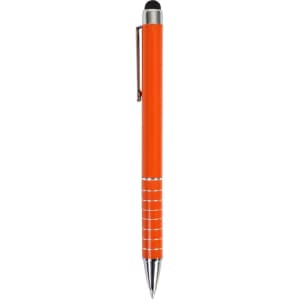 An orange stylus pen with silver accents and a clip, featuring a smooth grip section near the tip.