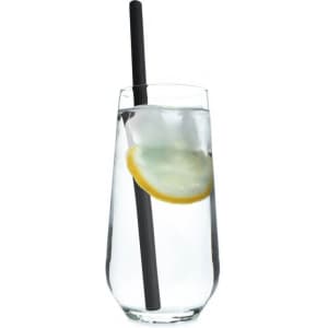 A glass of water with ice and lemon, featuring a black reusable silicone straw.