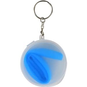 A round clear container with a blue reusable silicone straw and a keychain attachment.