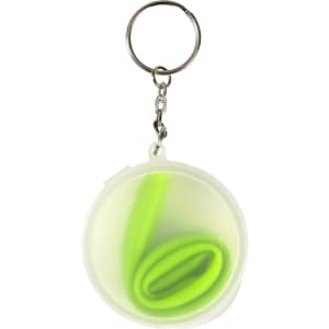 A green reusable silicone straw coiled inside a transparent case, attached to a keyring.