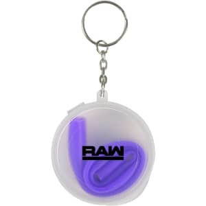A keychain case containing a reusable purple silicone straw, with an attached metal keyring. The case has a logo.