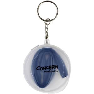 A reusable silicone straw in a compact carrying case with a keychain, featuring a white and blue colour scheme.