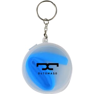A keychain container with a translucent design holding a blue reusable silicone straw, featuring a logo.