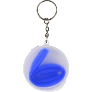 A drink bottle with a blue reusable silicone straw, contained in a transparent case with a keychain attachment.