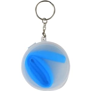 A clear container with a blue reusable silicone straw inside and a keychain attachment.