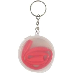 A red reusable silicone straw coiled inside a transparent round case with a keyring attachment.