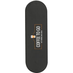 A black smartphone strap with an orange logo and text, designed for holding phones securely.