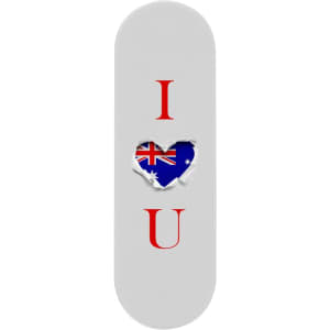 A white smartphone strap featuring a heart design with the Australian flag and red text saying "I ♥ U."