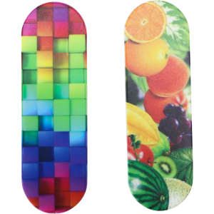 Two smartphone straps featuring vibrant designs: one in a multicoloured pixel pattern and the other with fruits. Each has a logo.