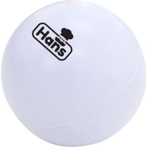 A white massage ball featuring a logo. It is round and smooth, designed for stress relief.